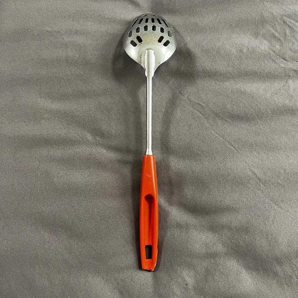 Vintage Ekco‎ USA Slotted Stainless Serving Spoon Orange Handle 12